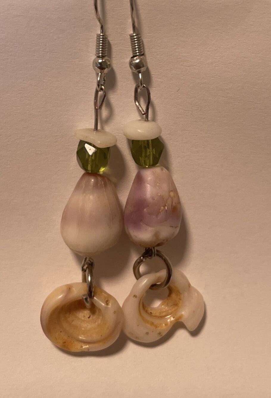 Hawaiian Handmade Pūpū Ala cone Shells and Puka bead Dangly Earring Set Green 2”